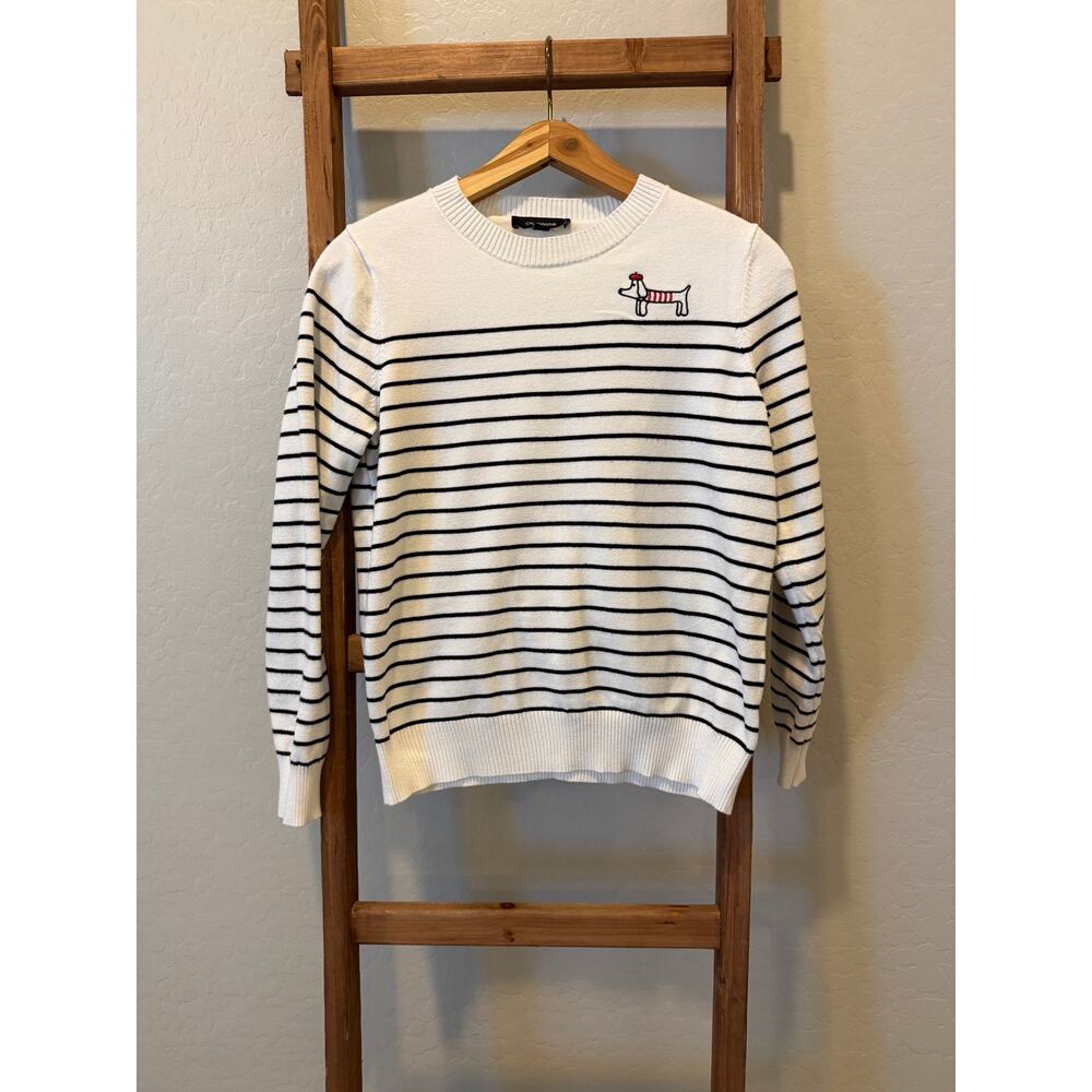 Calligraphie by Anthropologie Striped Dog Sweater Medium White Navy Knit